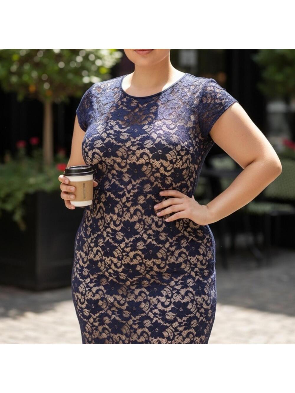 Almost Famous Navy and Beige Lace Midi Dress